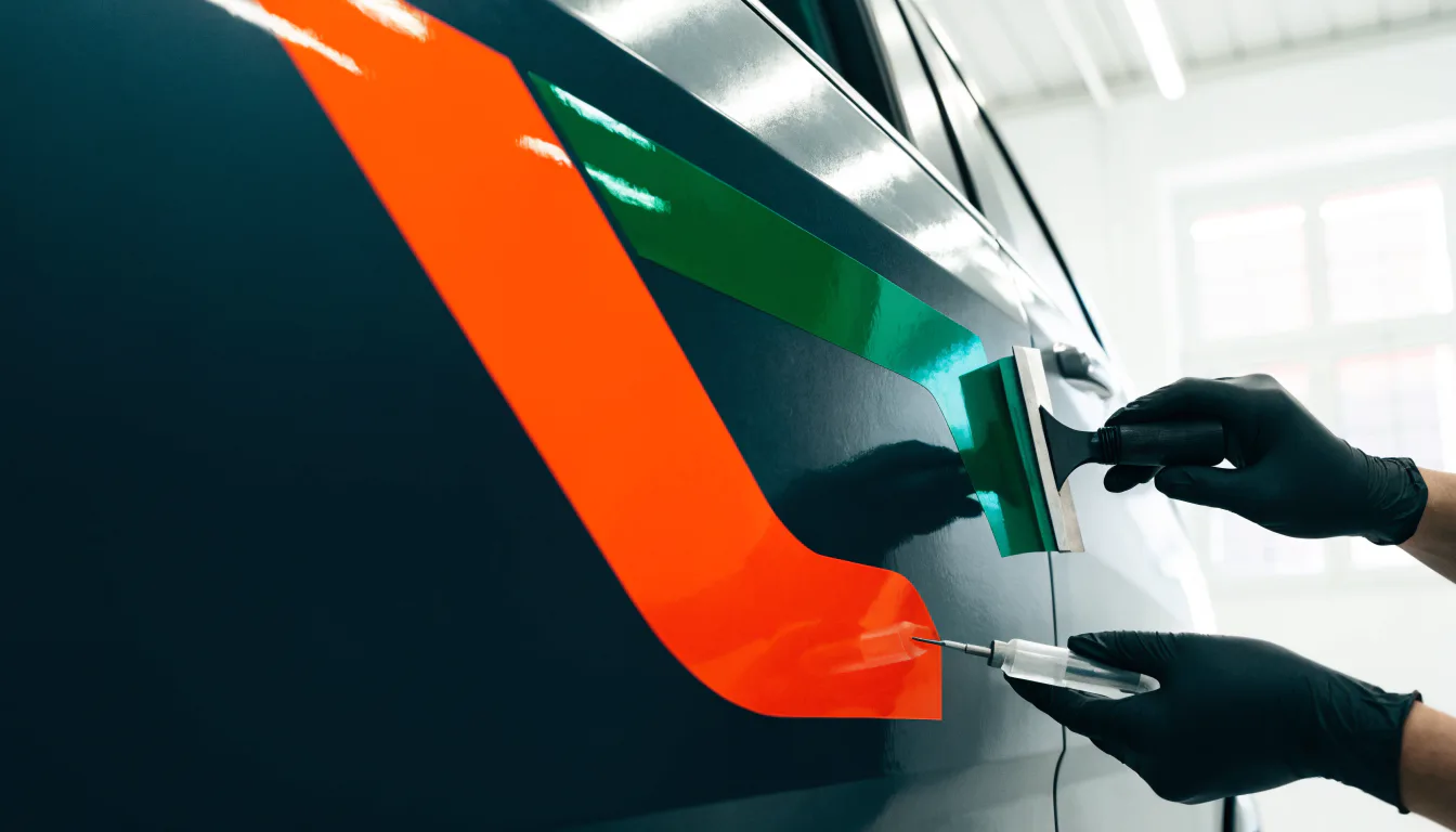 Konzeptionelle Nahaufnahme einer präzisen Fahrzeugfolierung in Orange und Grün